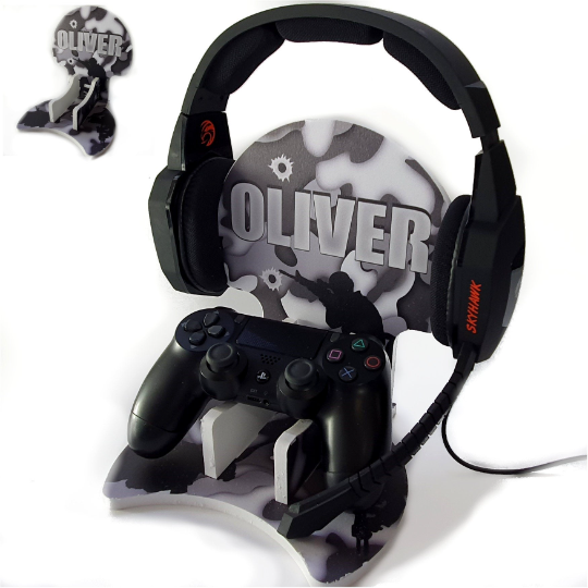 Personalised Gaming Bundle Controller Headset Stand, Gamer Holder, PlayStation Gift, Game Gift Present Holder Headphone Stand - Camo Grey